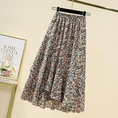 Falda Midi de Gasa Floral Cintura Elástica Holgada Adelgazante Fluida Verano Nuevo Estilo Mezcla de Algodón Vestido Casual