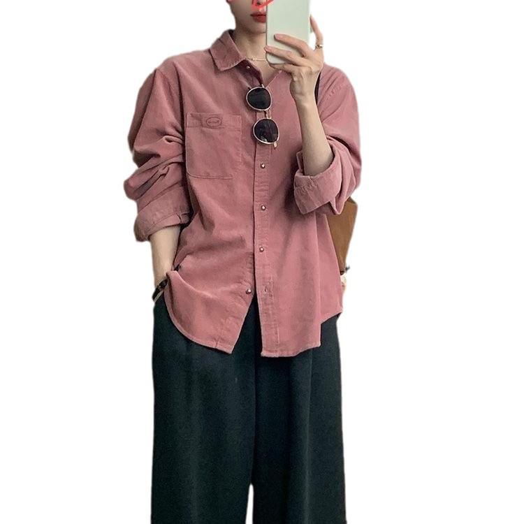Women's Retro Pink Corduroy Shirt Jacket - Autumn/Winter Long Sleeve Top