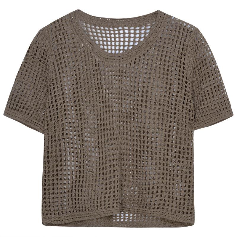 Women Short Sleeved Knit T-shirt Casual Beach Slim Tops O-Neck Hollow Out Knitting Shirt For Women Summer