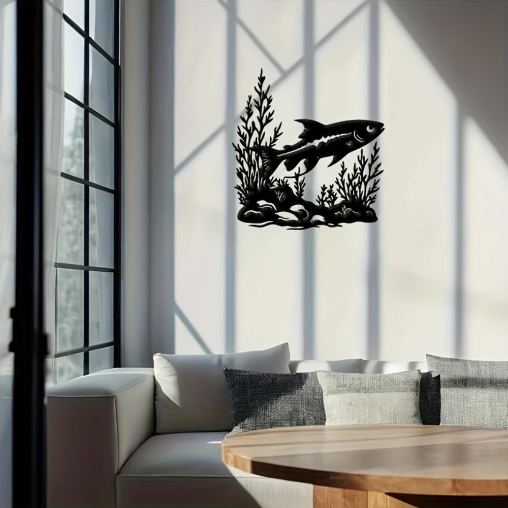 Metal Wall Art Fish Swimming Ocean Plants Stones, Black Silhouette Outdoor Decor, Housewarming Gift for Living Room Patio Coastal Modern Home