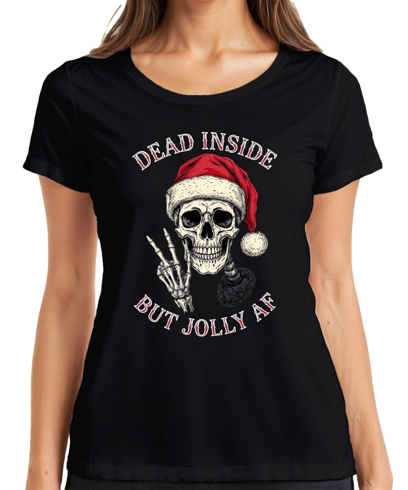 Dead Inside But Jolly AF Skelett Totenkopf Weihnachtsmütze Gothic Damen T-Shirt XXXXL