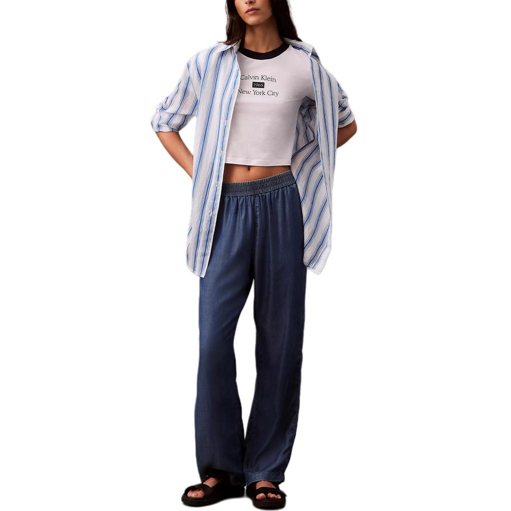 Calvin Klein Short Soft Breathable Round Neck Short Sleeve T-Shirt Women Tops Bright-White Blue 47B808G-111