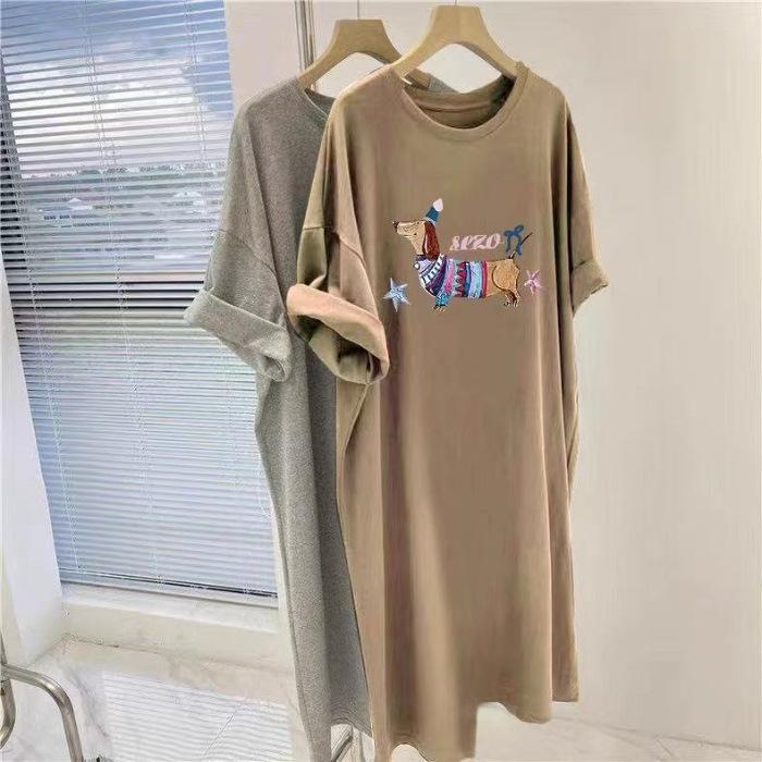 Šaty střední délky Dlouhá sukně Dámské Letní Trendy Nový Korejský Styl Volné Čistá Bavlna Tričkové šaty s krátkým rukávem