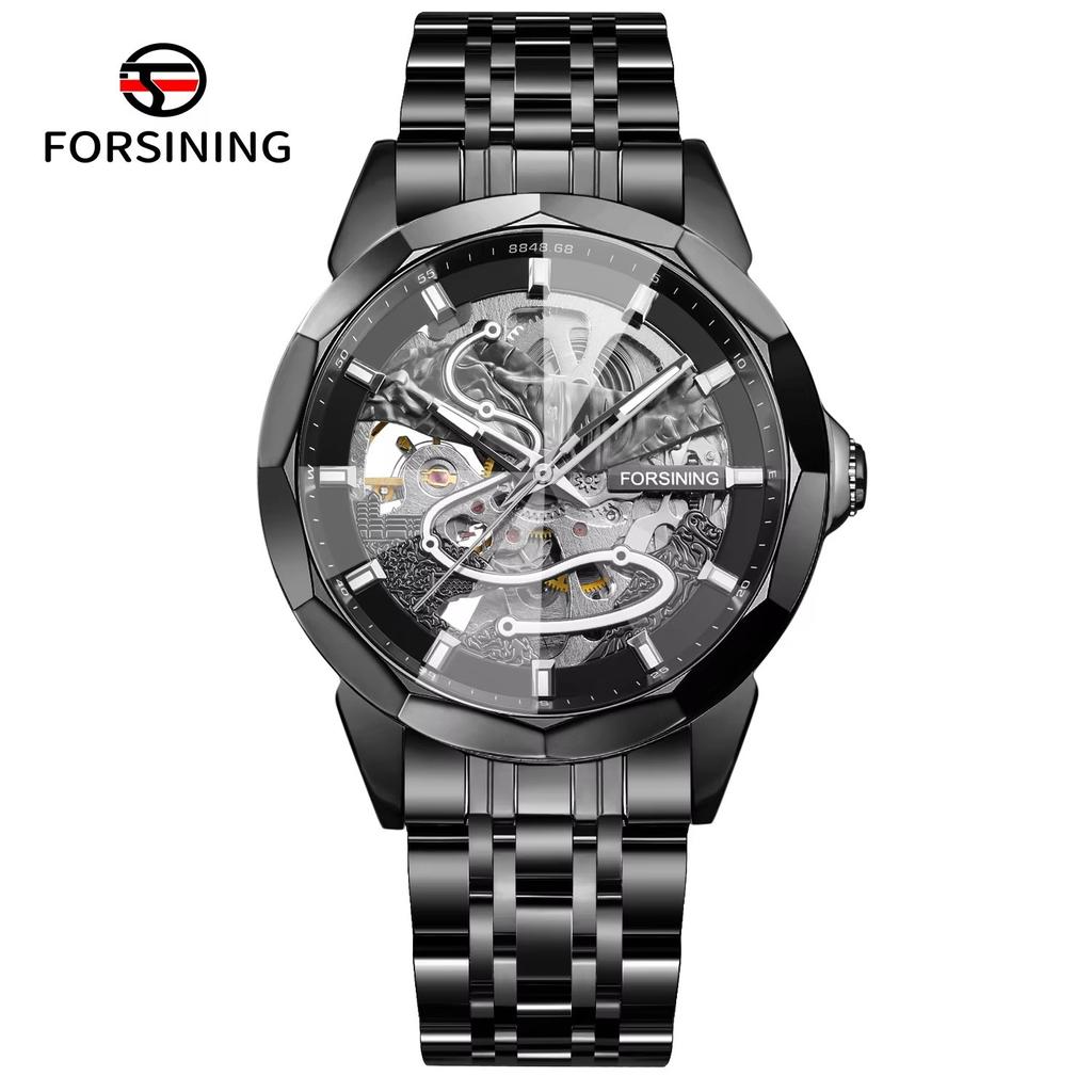 FORSINING Original Gold Skeleton Mechanical Man Watch Automatic Movement Clock Luxury Stainless Steel Men's Watches