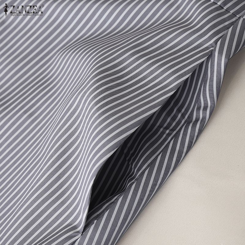 ZANZEA Women Casual Turn Down Collar Long Sleeve Elegant Stripe Dress
