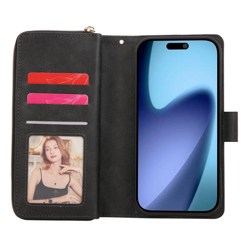 (Black) For iPhone 17 Pro Max Case Zipper Pocket 9 Card Slots PU Leather Phone Cover with Hand Strap