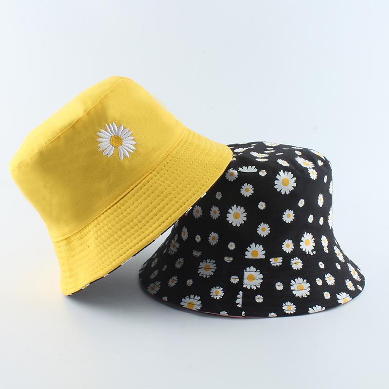 Sommer-Gänseblümchen Eimerhut Damen Mode Baumwolle Strand Sonnenhüte Wende Bob chapeau Femme Blumenhut Fischerhut
