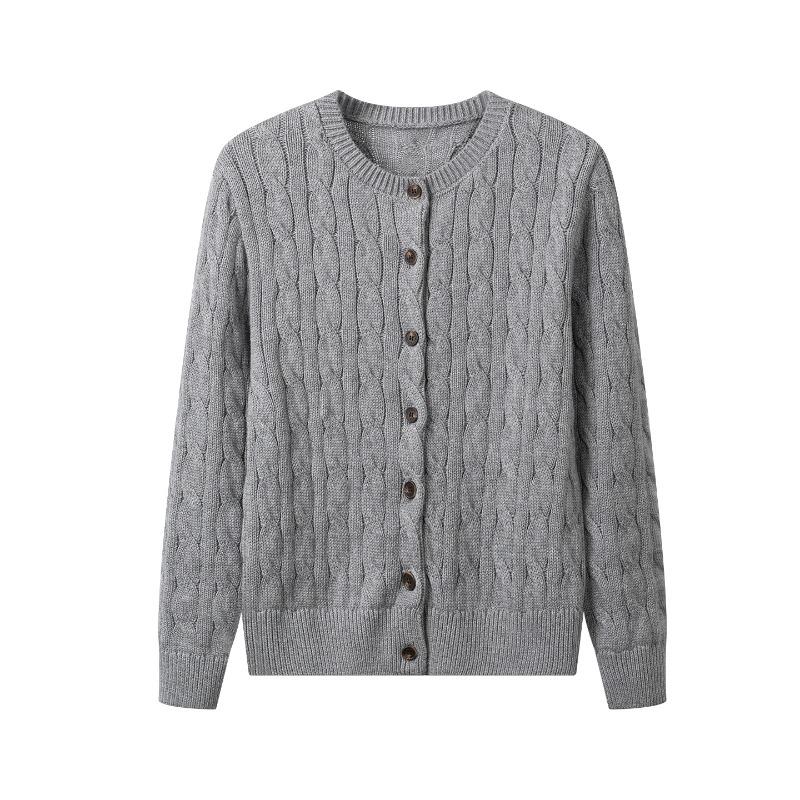 Pure Cotton Knitted Cardigan Jacket for Women, Autumn and Winter Crew Neck Retro Twisted Cotton Sweater