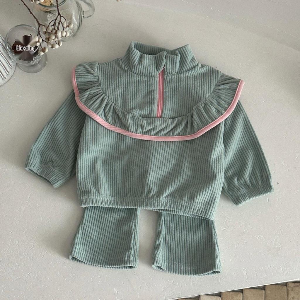 2026 Korean Spring & Autumn Baby Girls Solid Corduroy Hoodie & Sweatpants Set
