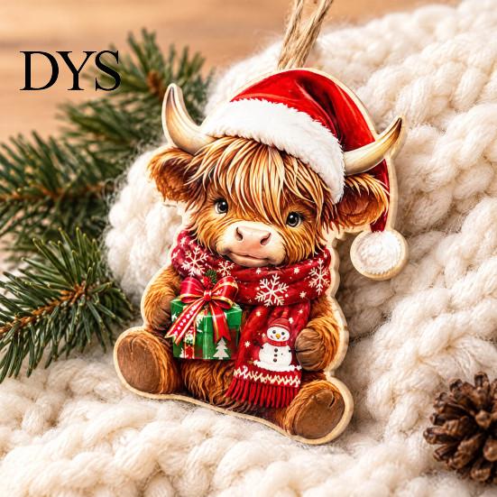 Healing Atmosphere Hanging Ornaments Highland Cow Christmas Ornament Set, 2D Flat Wooden Tree Accessories Decor with String, Holiday Party Decoration