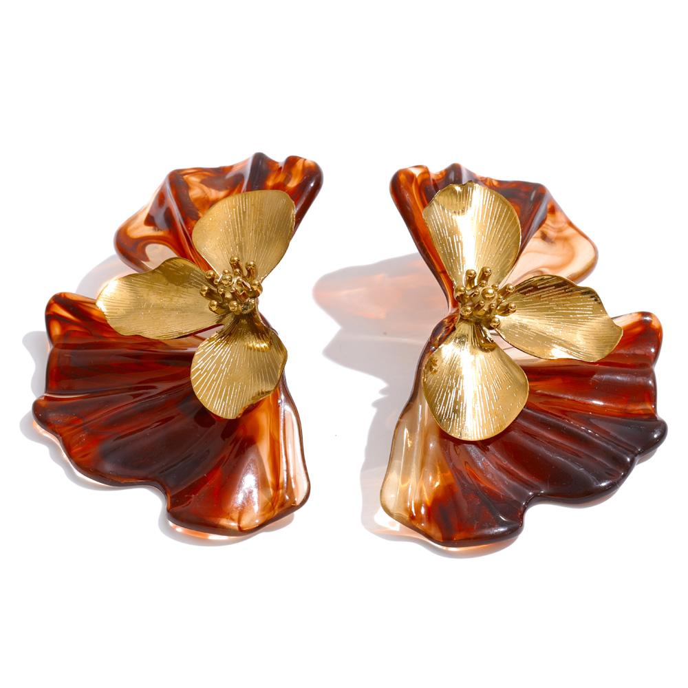 Yhpup Green Amber Pink Color Resin Flower Stud Earrings Stainless Steel Spring Summer Fresh Glamorous Jewelry Gift