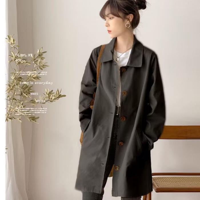 Women's Mid-Length Trench Coat, Spring/Autumn, Korean Style, Loose Fit, Solid Color, Versatile Outerwear, Trendy and Simple Design.