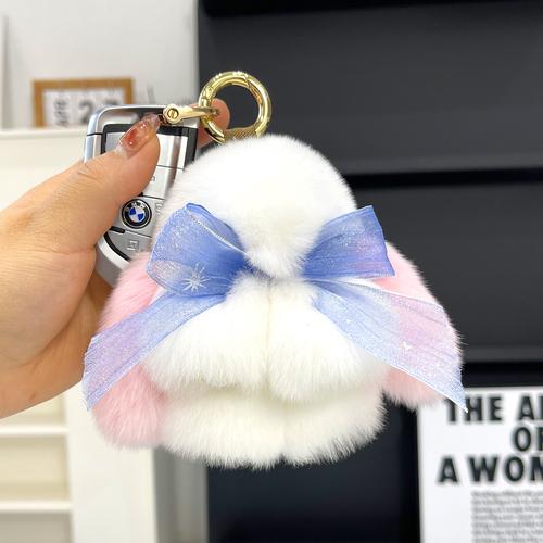 Real Rex Rabbit Hair Bowknot Little Rabbit Car Key Chain Pendant Cute Plush Drop Ear Rabbit Doll Bag Pendant