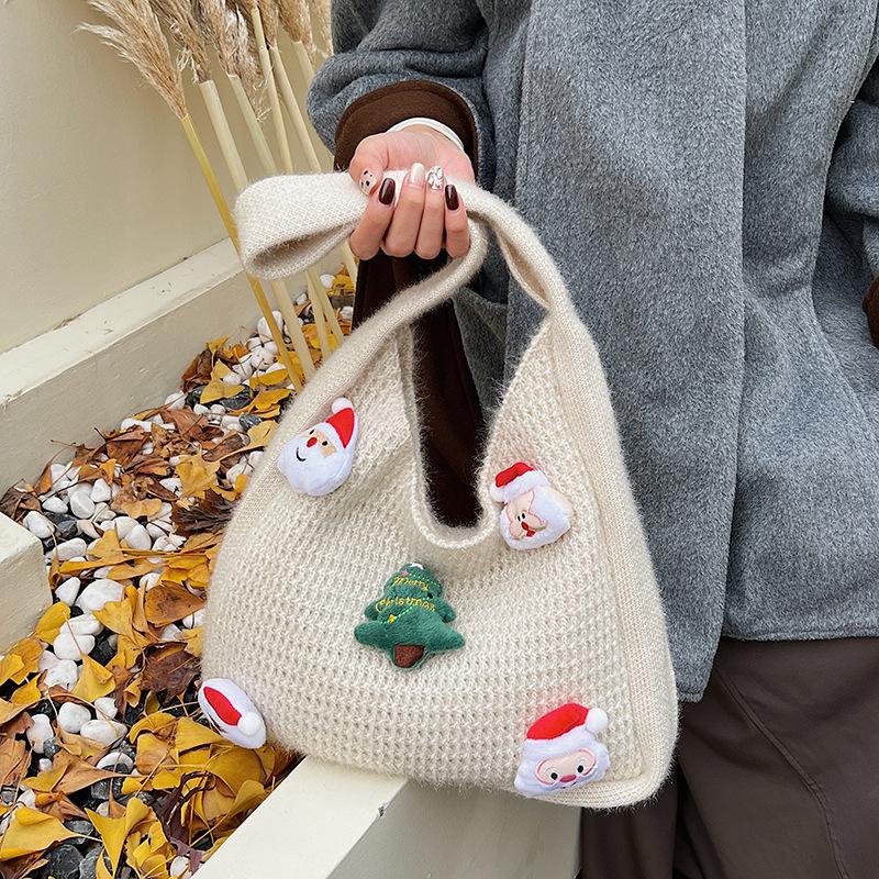 Christmas Knitted Shoulder Bag Women Simple Large Capacity Hollow Woven Tote Bag Textured Casual and Versatile Commuting Bag
