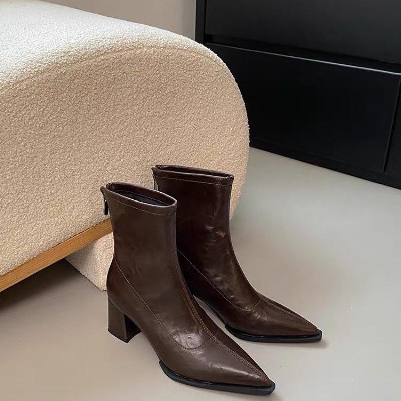 2026 Fashion Pointed Toe Modern Ladies Short Boots Shoes Female Square Heels Women Ankle Stretch Boots Zippers Shoes Pumps 35-42