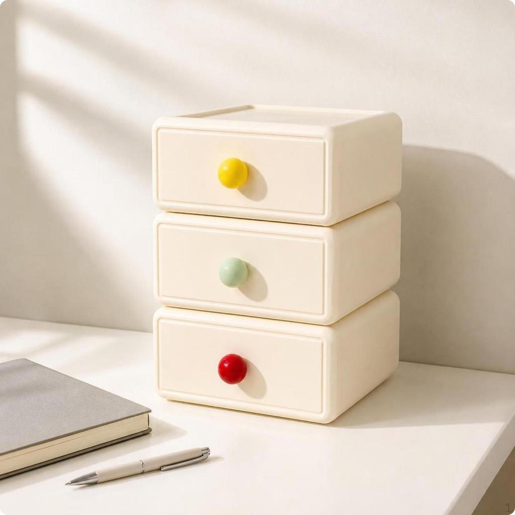 3 Pieces Desktop Storage Box with Drawer | Smooth Glossy Surface, Single Pull Knob, Desk Organizer