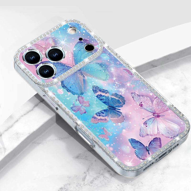 Diamond Case For iPhone 17 Pro Max Crystal Butterfly Print Clear TPU Silicone Soft Cover For iPhone 16 Pro Max 15 14 13 11