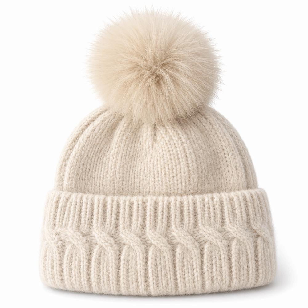 Windproof Knitted Pompom Beanie Twist Knit Thermal Winter Hat Rabbit Fur Beanies Hat For Women