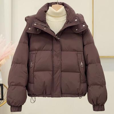 Women Winter Cotton Coat Hooded Thickened Padded Short Type with Zipper Pockets Elastic