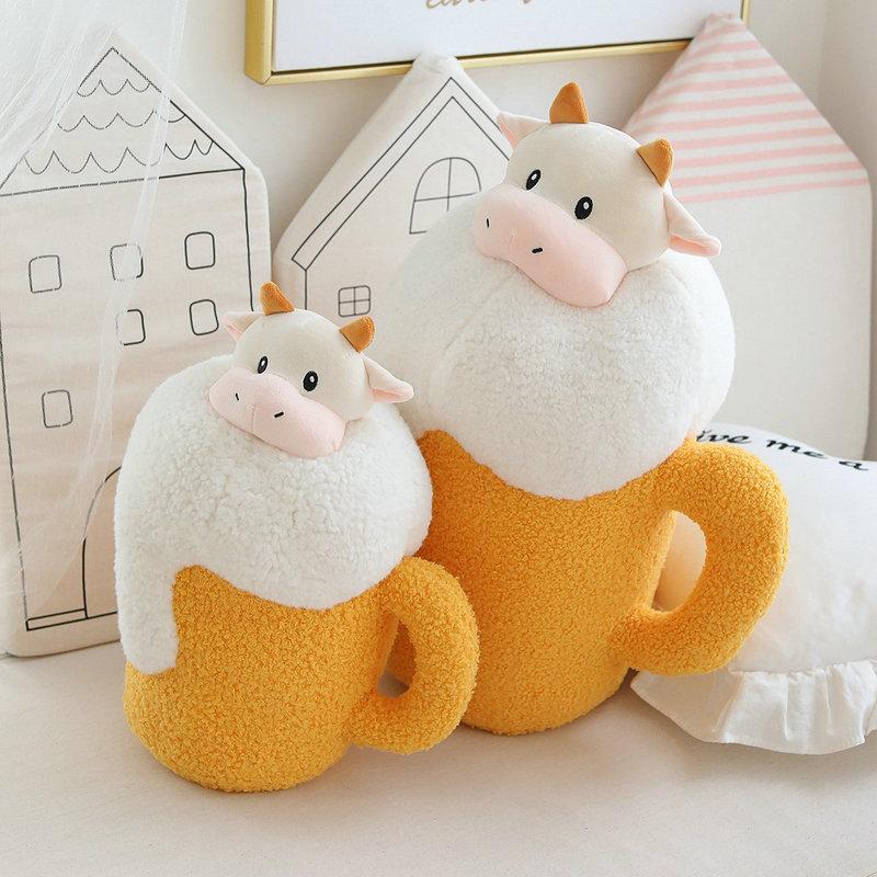 Creative Beer Mug With Cattle Plush Toy Stuffed Soft Funny Animal Doll Birthday Gift Shop Decor