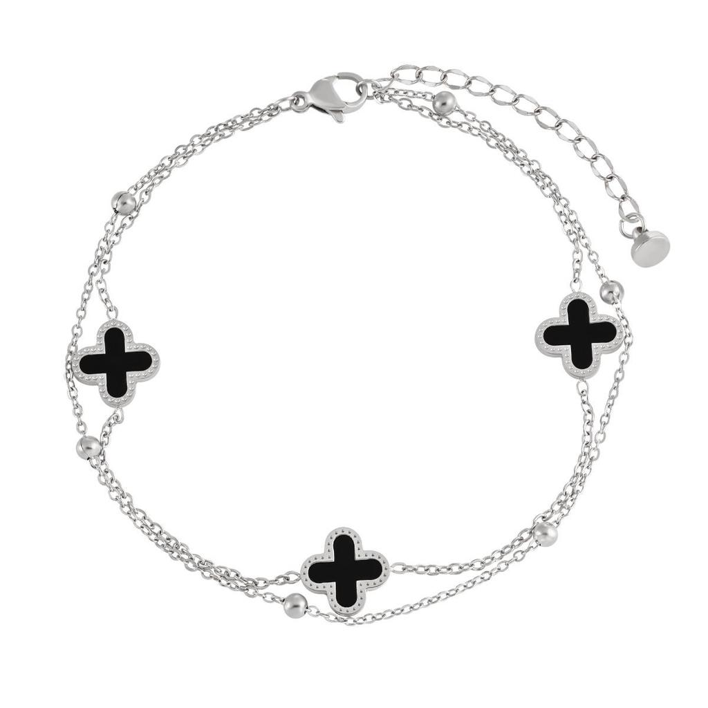 Cheville Coréenne de Luxe avec Perle d'Espacement Trèfle à Quatre Feuilles - Double Couche Acier Titane Haut de Gamme Bijou de Pied pour Femme