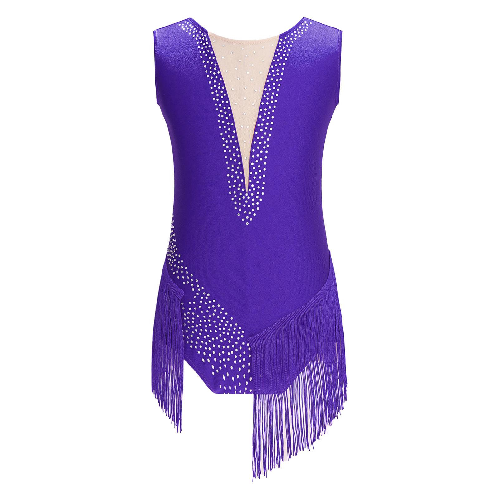 

Дівчачий фігурний катання купальник без рукавів з бахромою та блискучими стразами 9-10 Years фіолетовий