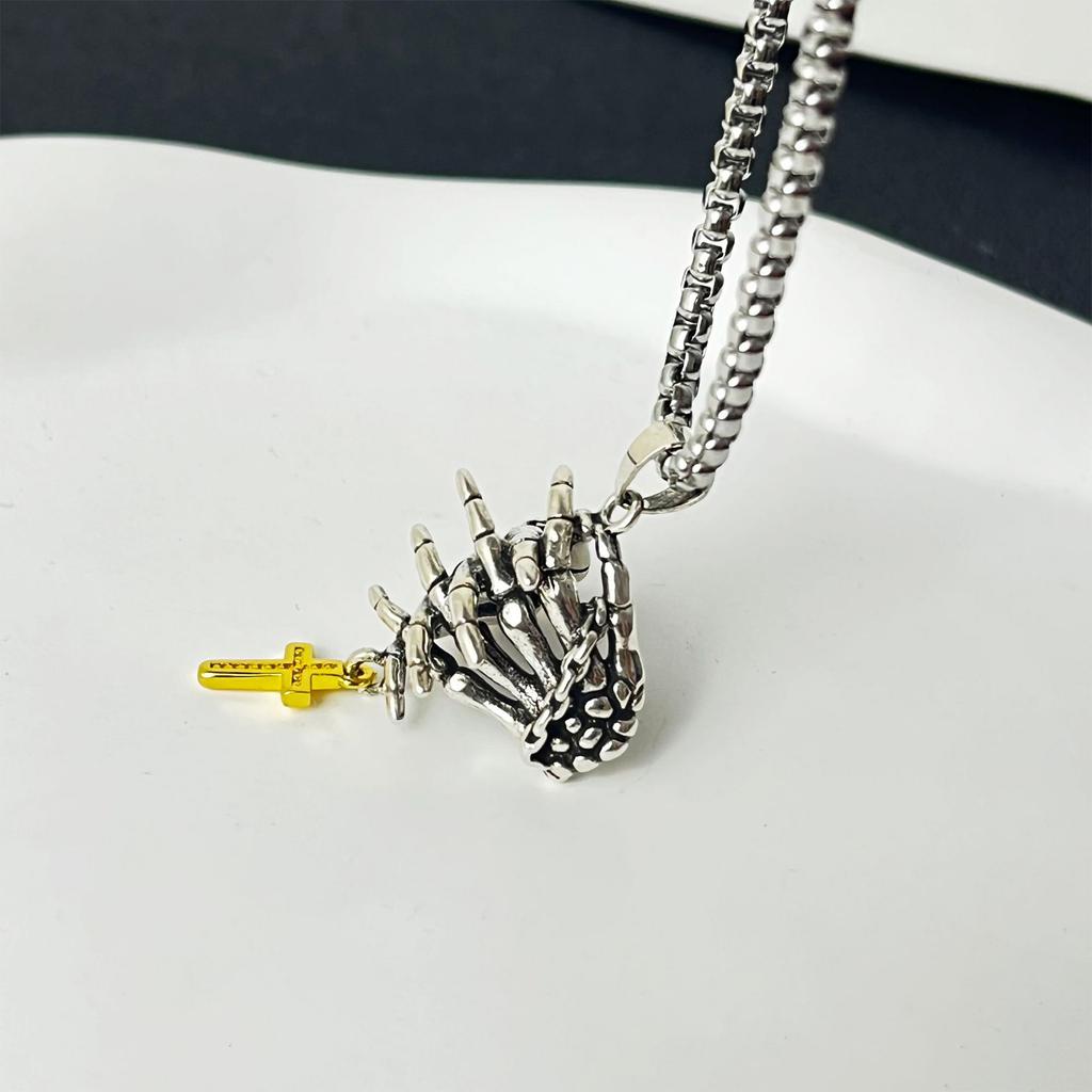 Unique Prayer Hands Skeleton Crucifix Necklace/Pendant Stylish Jewelry for Rock Enthusiasts and Religious Believers