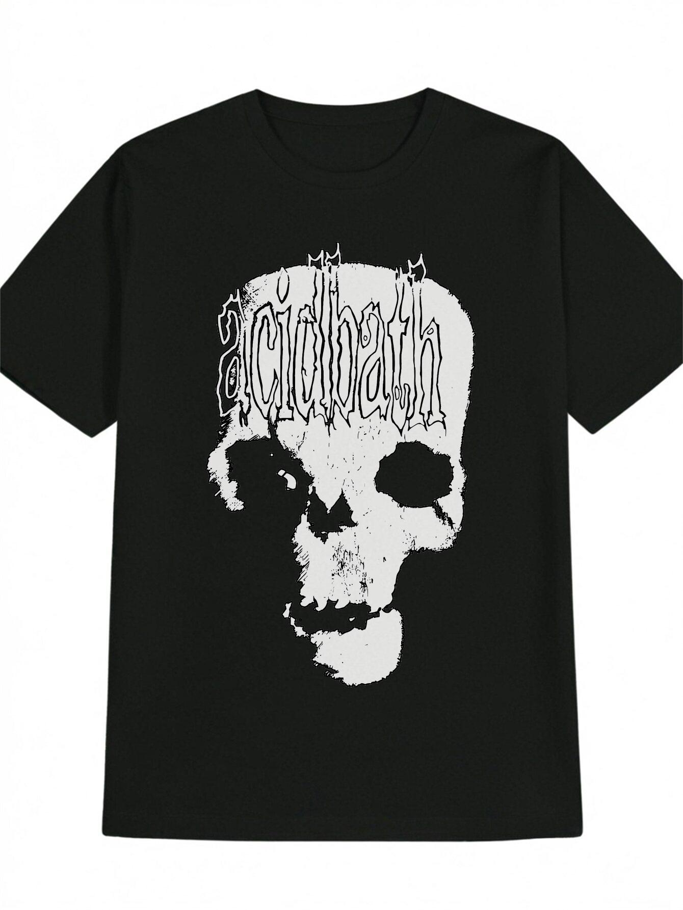 Casual Skull Cidhath Graphic T-shirt - Black with White Skull & Letter Print M