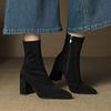 French Pointed High-heeled Short Boots Women's 2025 Autumn and Winter Velvet Boots Suede Elastic Versatile Thin Boots Large Size 4142