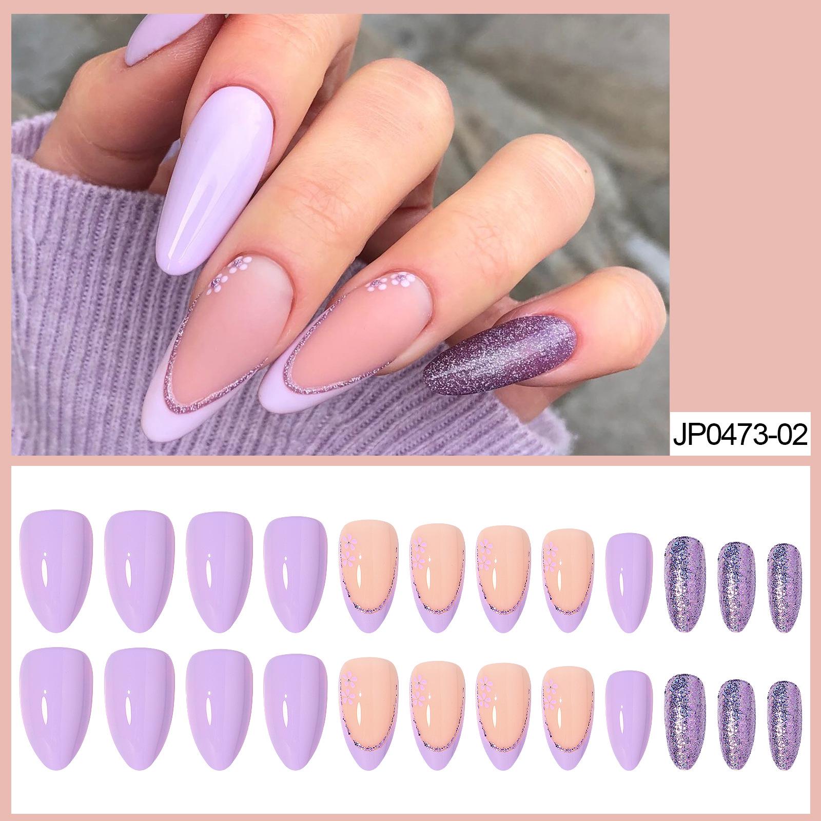 

Light Purple Glitter French Manicure Removable Fake Nails