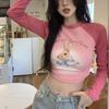 Kawaii Pink Rabbit Print Crop T Shirts Women Harajuku Sweet Cute Graphic Tops Streetwear Vintage Sexy Long Sleeve Tees