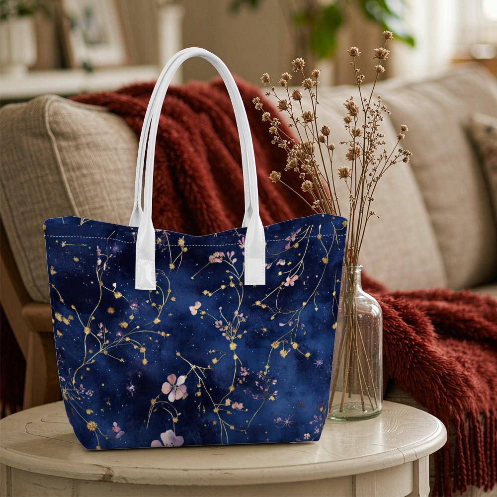 Elegant Navy Floral Shoulder Bag Fashion Casual Large Capacity Tote Bag for Women Daily Shopping Use