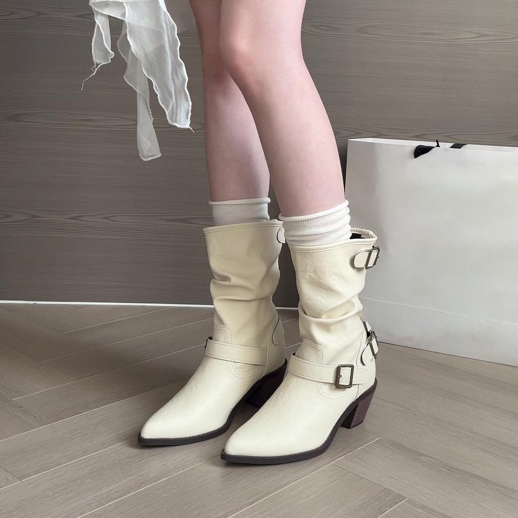 Pointed thick heel women's medium tube stacking boots 2025 autumn and winter new fashion versatile comfortable casual Martin boots women