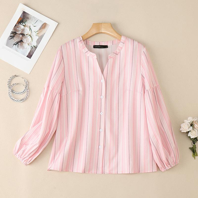 

ZANZEA Women Casual V-Neck Loose Long Sleeve Stripe Blouse M рожевий