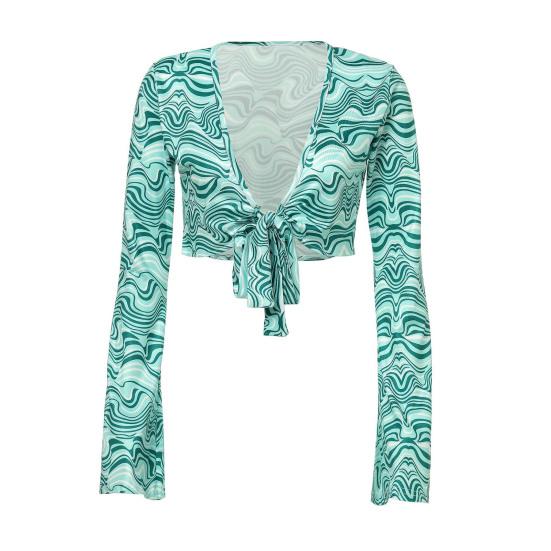 3 Pcs/Set Women Stage Performance Suit V Neck Lace-up Long Sleeves Cropped Top High Waist Flared Hem Trousers Printed Headband Retro Disco Party