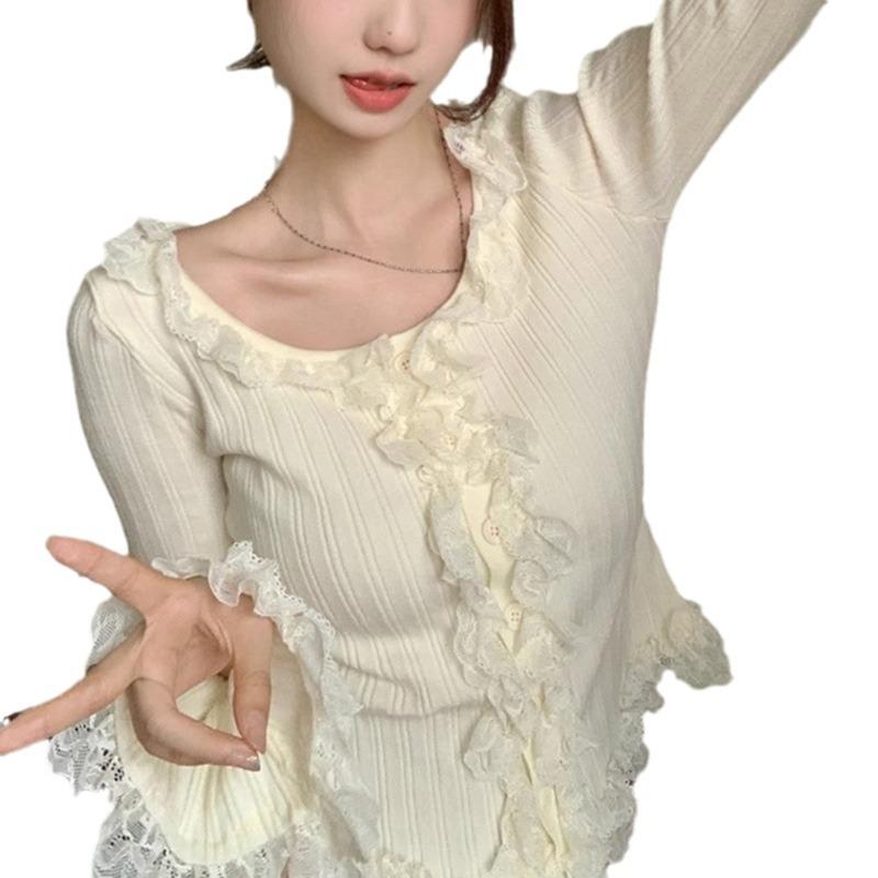 Pure Desire Knitted Small Cardigan Women'S Clothing Spring And Autumn Lace Sweater Coffee Break French Style With Bottom Top Tide