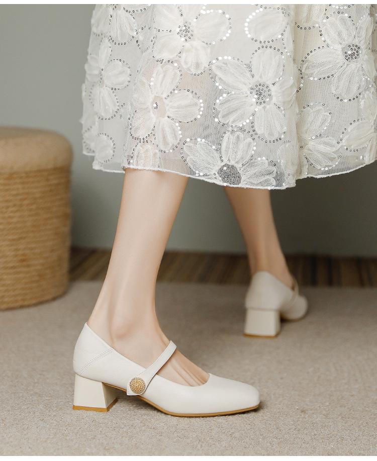 Genuine Leather Chunky Heel Mary Janes - Low-Cut, Soft Sole & Upper for Casual Wear in Spring & Autumn