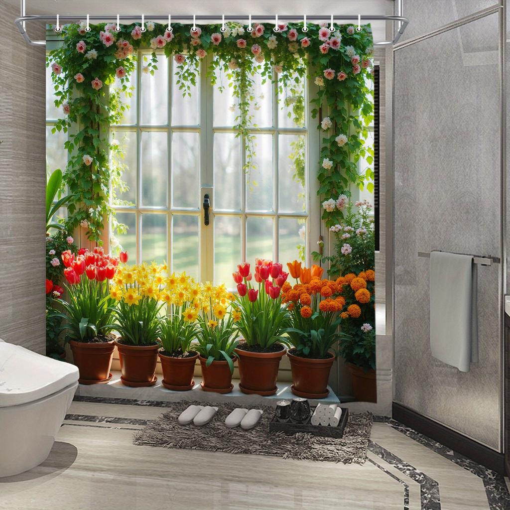 Vibrant Garden Window with Potted Flowers Waterproof Shower Curtain for Modern Bathroom Decor, Perfect for Home Use