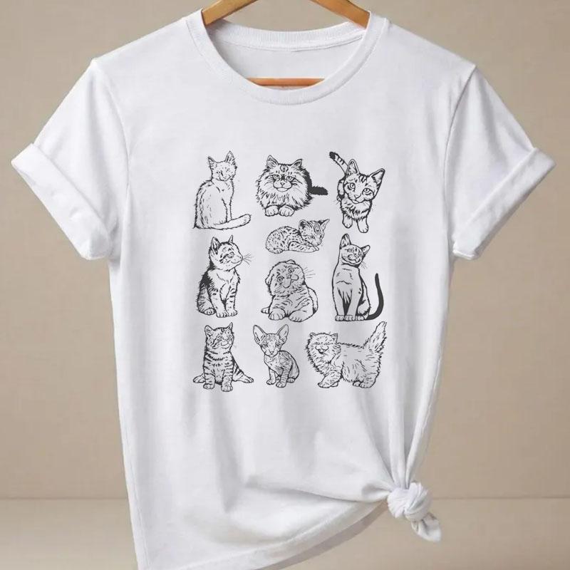 Funny Cats 90s Printed Tshirt Unisex Casual Short Sleeve Tshirt Round Neck Comfortable T Shirt Y2k Tee Unisexs Clothing