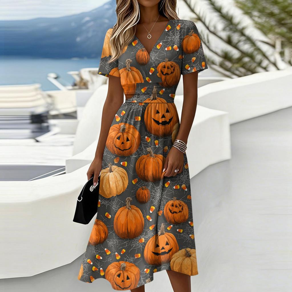 Women's Halloween Print Casual Short Sleeve V Neck Midi Dress with Elastic Waist and Relaxed Fit Suitable for Seasonal Wear