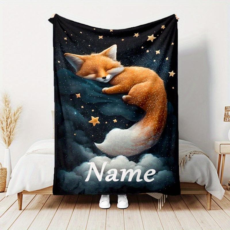 Personalized Custom Name Fox Design Throw Blanket Ultra-Soft Lightweight and Machine Washable for Sofa Bedroom Travel-Friendly