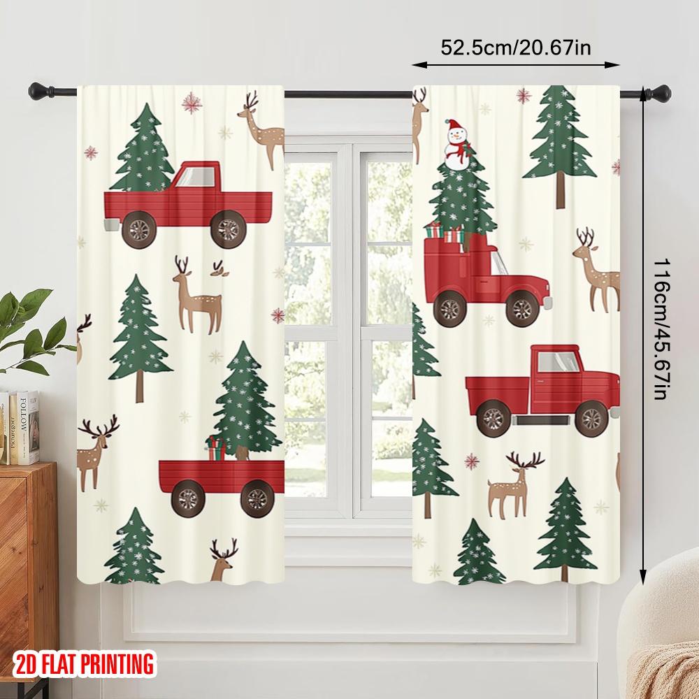 2 szt., druk płaski 2D Minimalistyczne zasłony Ciężarówka świąteczna Bałwan Jeleń Drzewa Tkanina poliestrowa (bez pręta) Idealny wystrój domu
