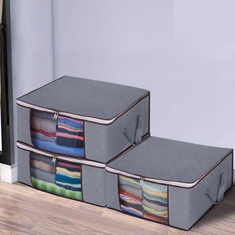 3x Clothes Quilt Storage Bag Blanket Closet Sweater Ziped Organizer Box Sorting Clothes Cabinet Grey