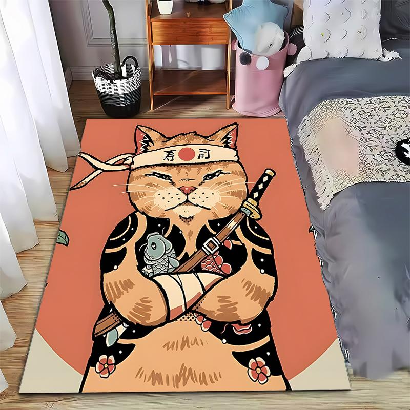 Samurai Cat Carpet with Sword and Fish, Japanese Style Decor, Orange Suitable for use as an anti-slip for living room bedroom sofas