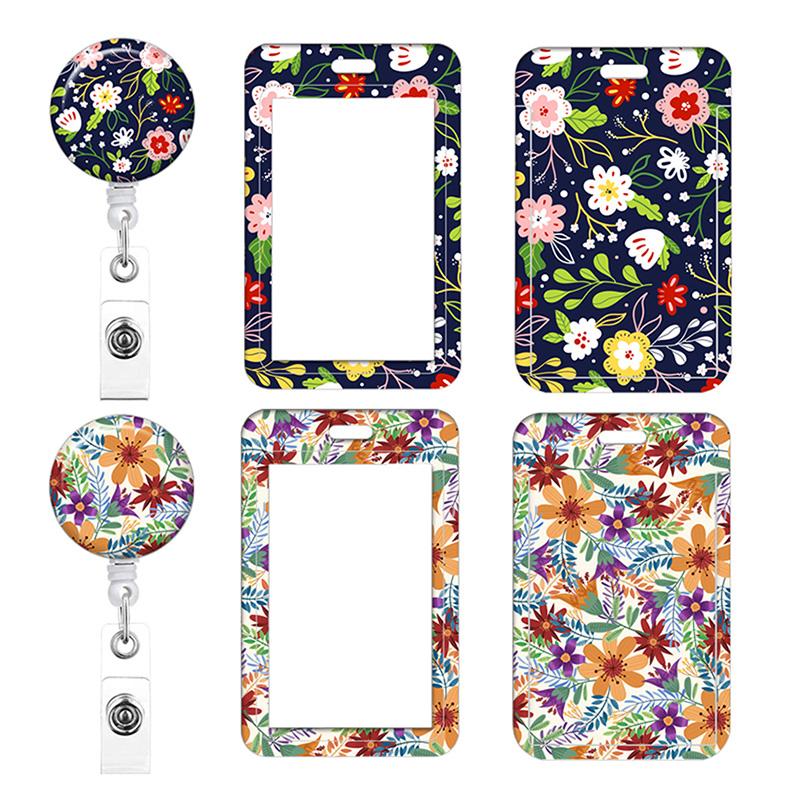 1pcs Staff Work Card Cover Holder Neck Strap Retractable Badge Reel Clip Floral Employee's ID Name Card Card Cover Case Lanyard