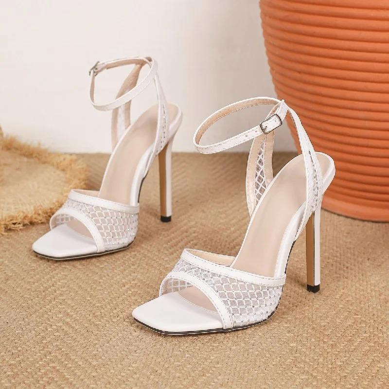 Eilyken Fashion Mesh Hollow Out Ankle Strap Sandals Women Summer Square Open Toe Rhinestone Mesh High Heels Party Prom Shoes