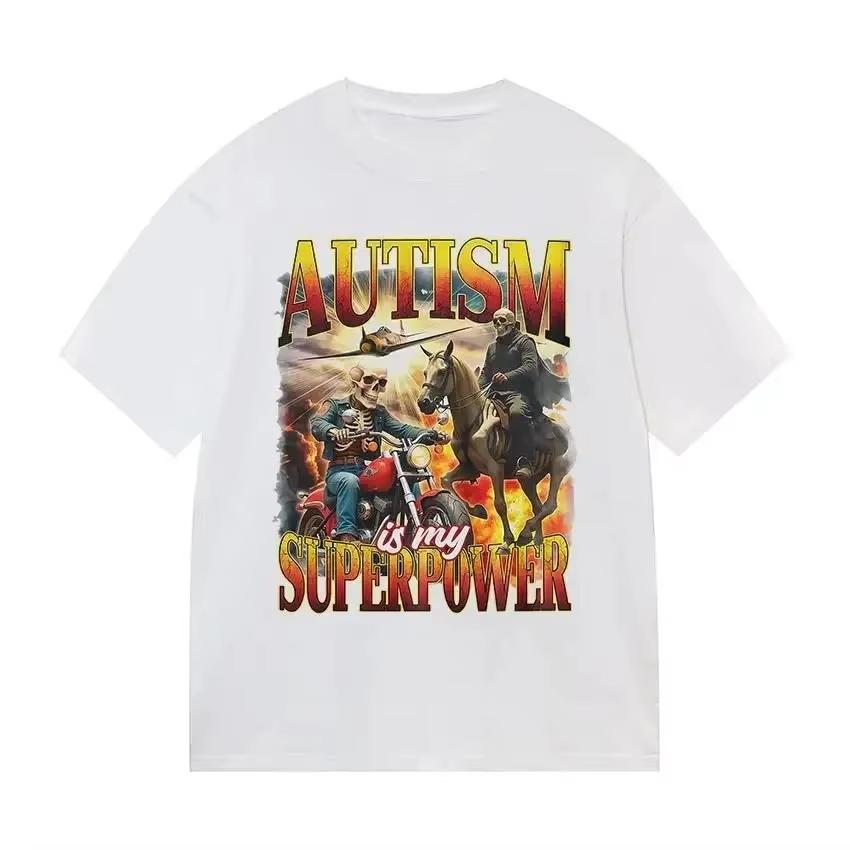 2026 Autism Is My Superpower Gothic Pattern TShirt Fun Casual Cute Bicycle ShortSleeve TShirt Summer Round Neck TShirt 4XL