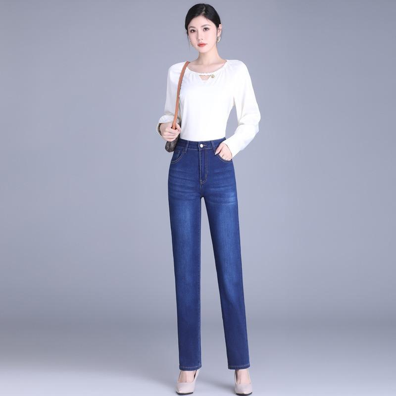 Straight Leg Stretch Jeans Women's High Waist Slimming Middle-aged Women Slim Casual Pants