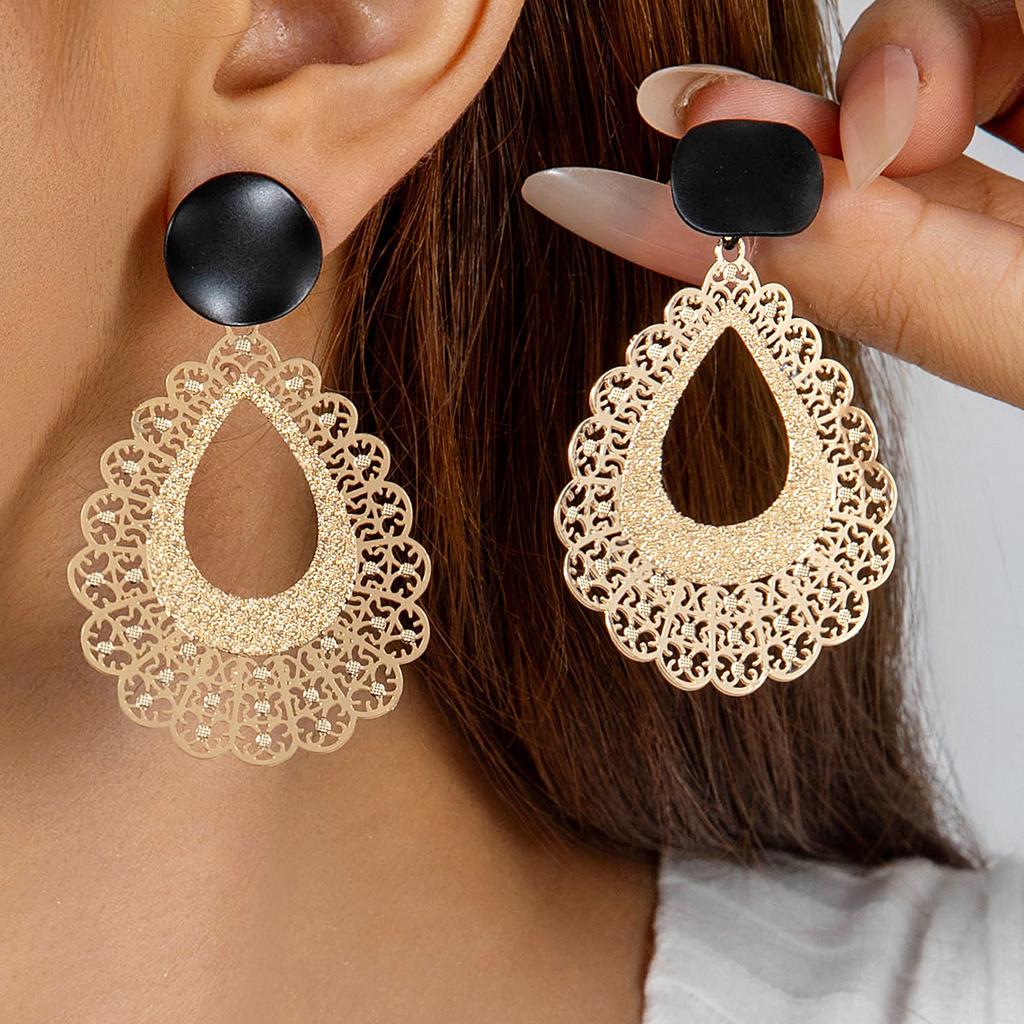 Fashion Hollow Metal Statement Earrings Large Teardrop Filigree Design Lightweight Dangle Earrings for Women and Girls