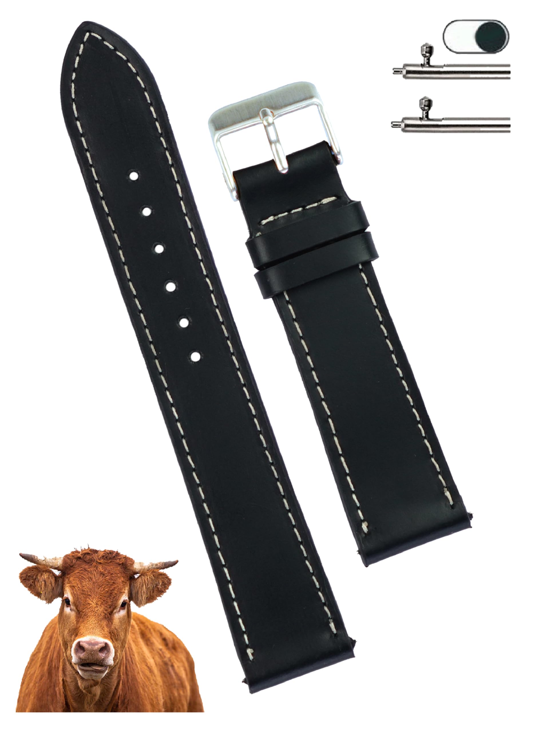 [vinacreations] Black 18mm Genuine Leather Watch Strap with Quick-Release Spring Bars, Men s Calf Leather Replacement Watch Band, Leather Wrist Buckle